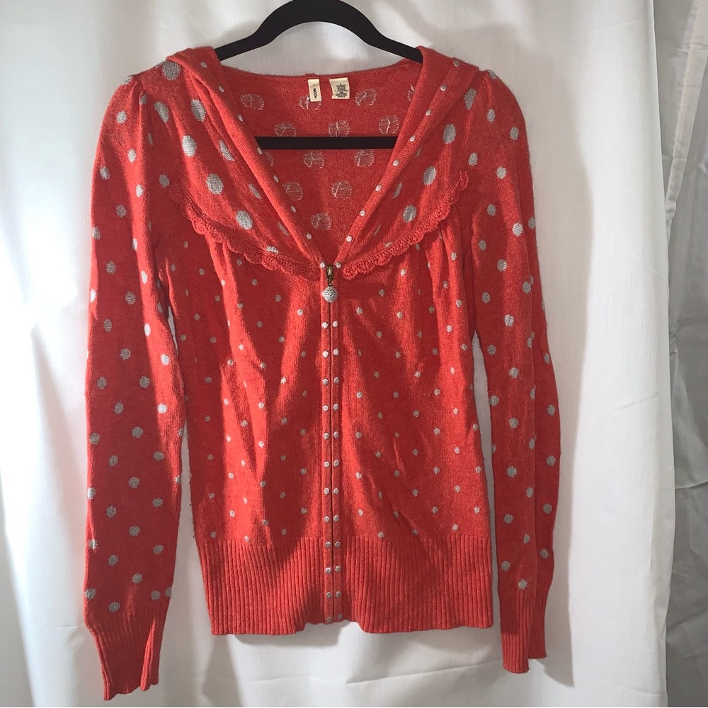 Moth Polka Dot Hooded Zip Cardigan in Coral with Silver Dots